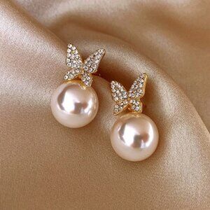 Butterfly Pearl Earrings Stud Gold Fashion Jewelry